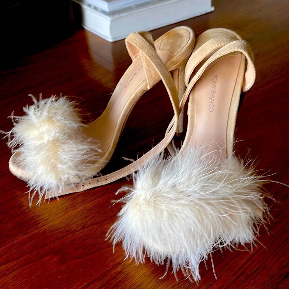Tony Bianco Avery nude suede heels strappy feather stiletto